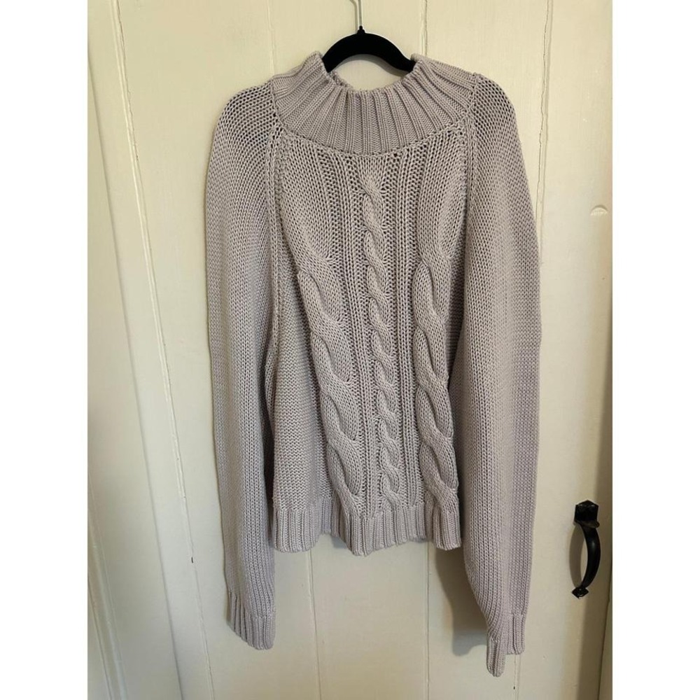 Elie Tahari Grey Chunky Cable Knit Mock Neck Raglan Sweater